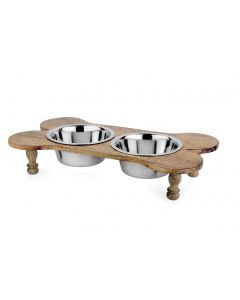 Double Diner Wooden Holder With Two Stainless Steel Bowls